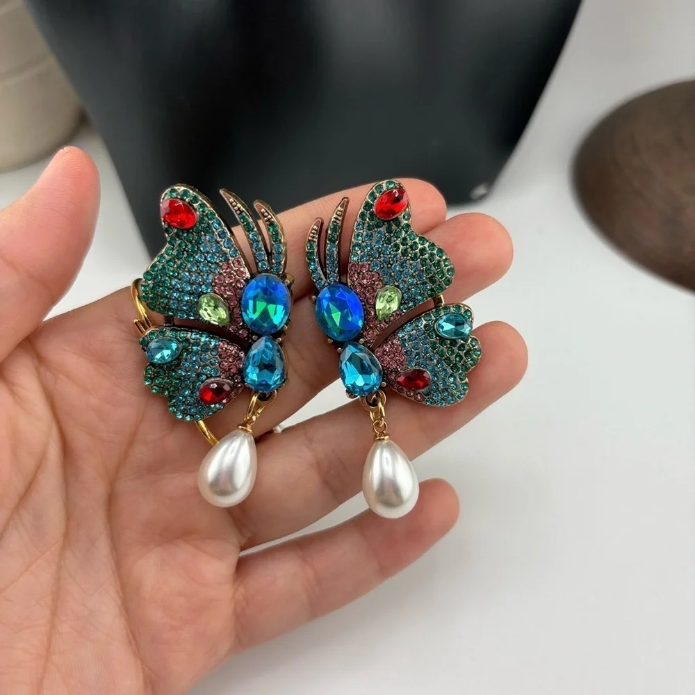 Colorful Butterfly Crystal Earring with Pearl Drop ✨